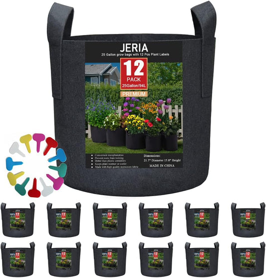 JERIA 12-Pack 25 Gallon, Vegetable/Flower/Plant Grow Bags, Aeration Fabric Pots with Handles (Black), Come with 12 Pcs Plant Labels