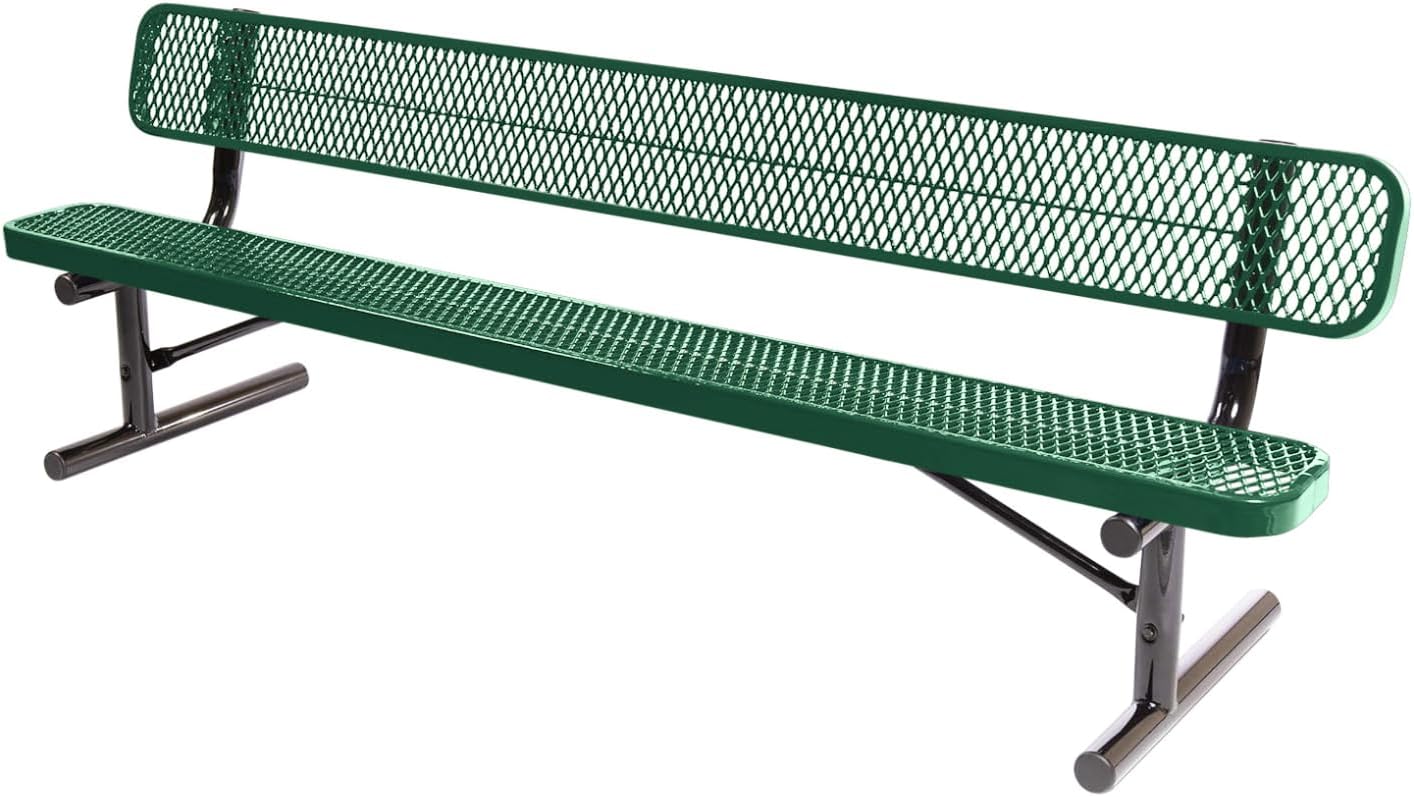 Heavy-Duty Portable Outdoor Bench Thermoplastic Coated, Expanded Metal, Commercial-Grade Seating, Made in America (Portable with Back, 8 Ft, Textured Green)