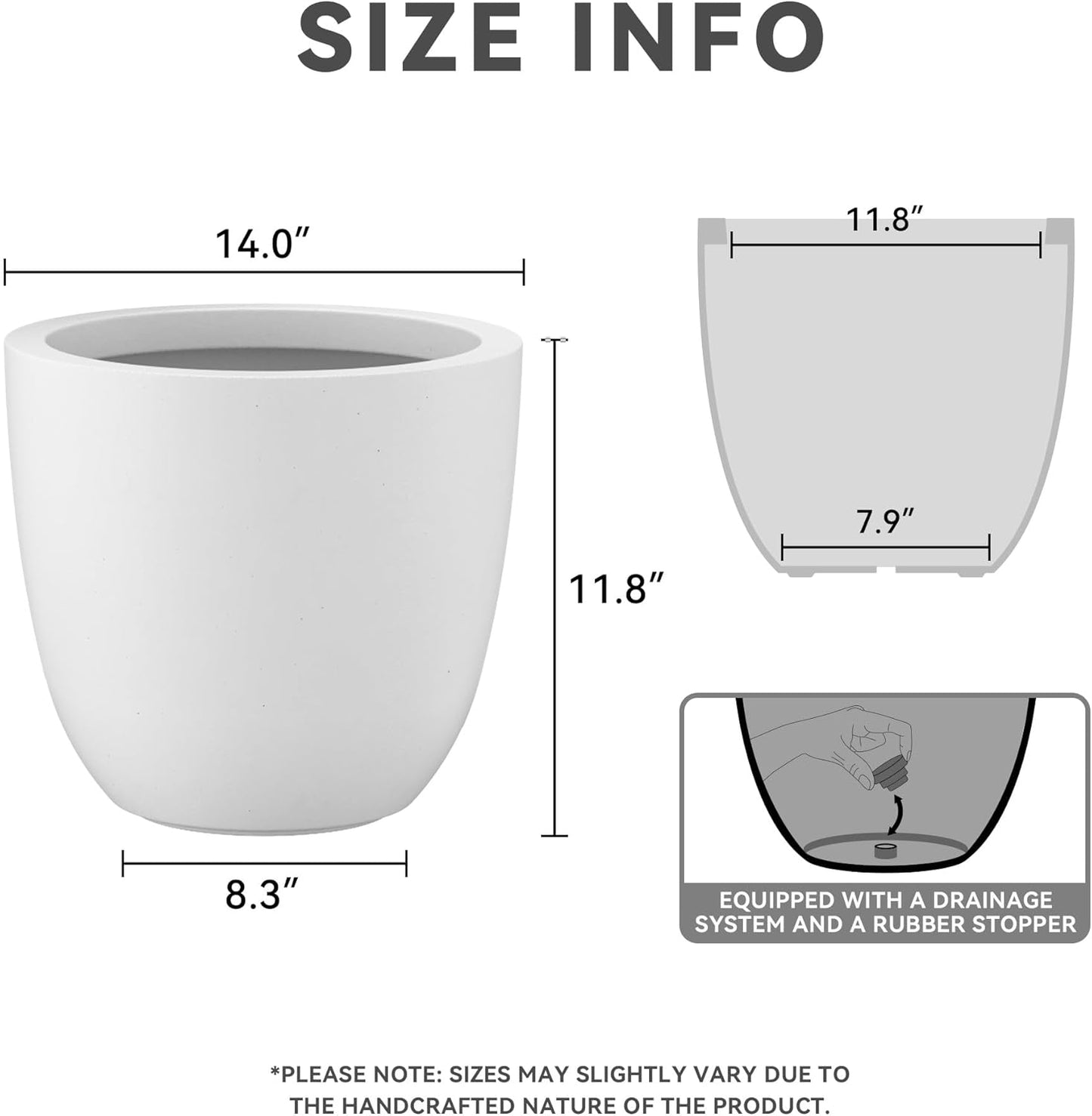 Kante 14 Inch Dia Round Concrete Planter, Indoor Outdoor Large Plant Pot with Drainage Hole and Rubber Plug for Home Patio Garden, Pure White