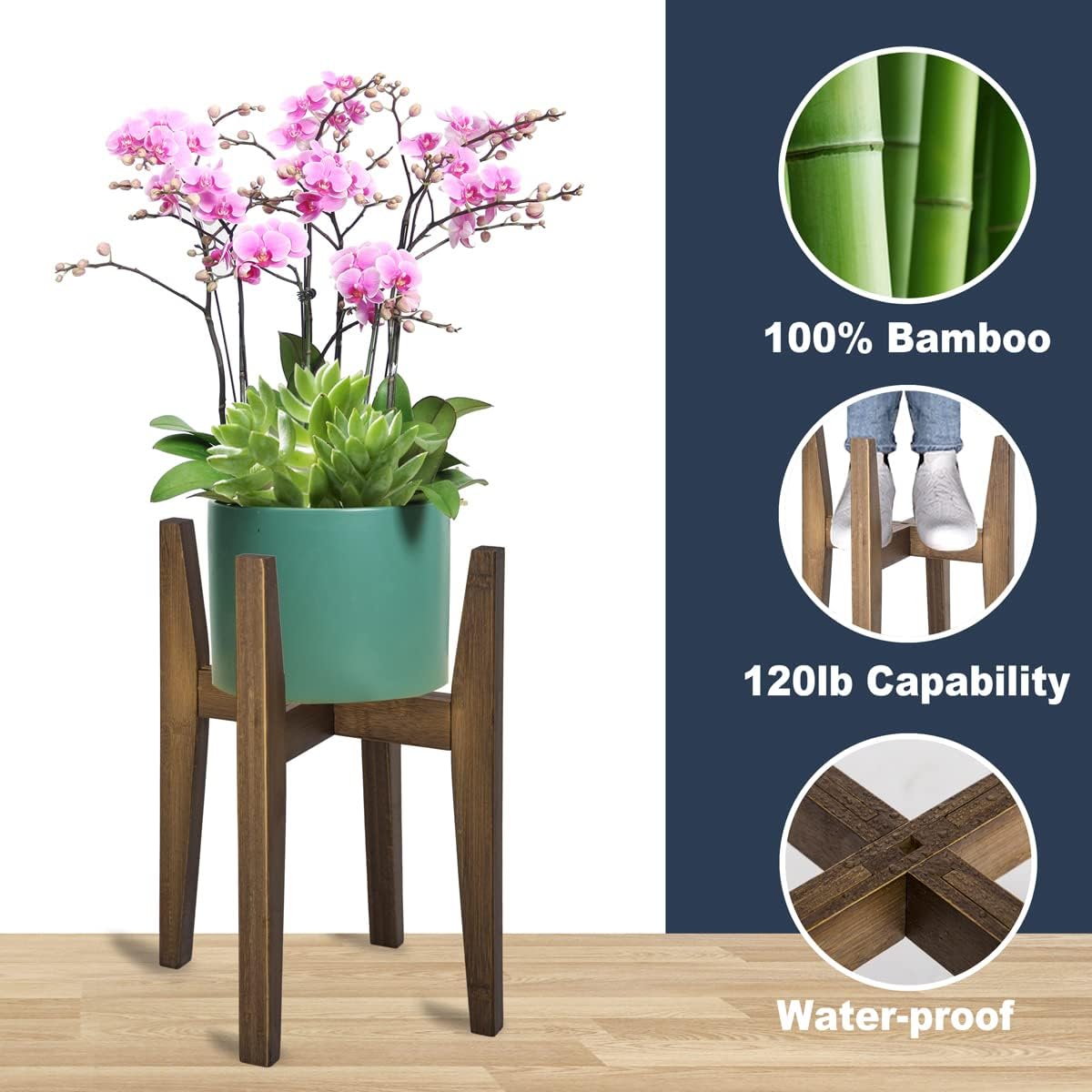 OERGKE 2 PACK Adjustable Plant Stand Indoor, Bamboo Mid Century Modern Plants Stands, Corner Flower Holder for Living Room, Fits 8 to 12 Inches Pots, (Pot & Plant Not Included)(Walnut)