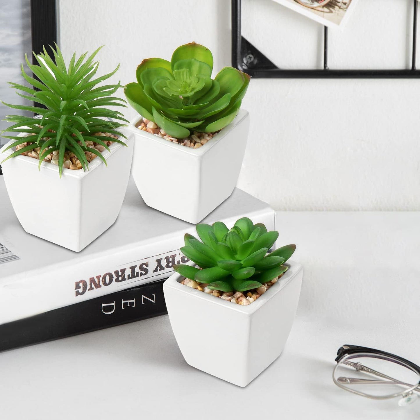 Hollyone Succulents Plants Artificial 3Pcs Small Fake Succulents in Pots Faux Plastic Potted Plants with White Ceramic Pot for Home Decor Classroom Office Bathroom Shelf Indoor & Outdoor Decorations