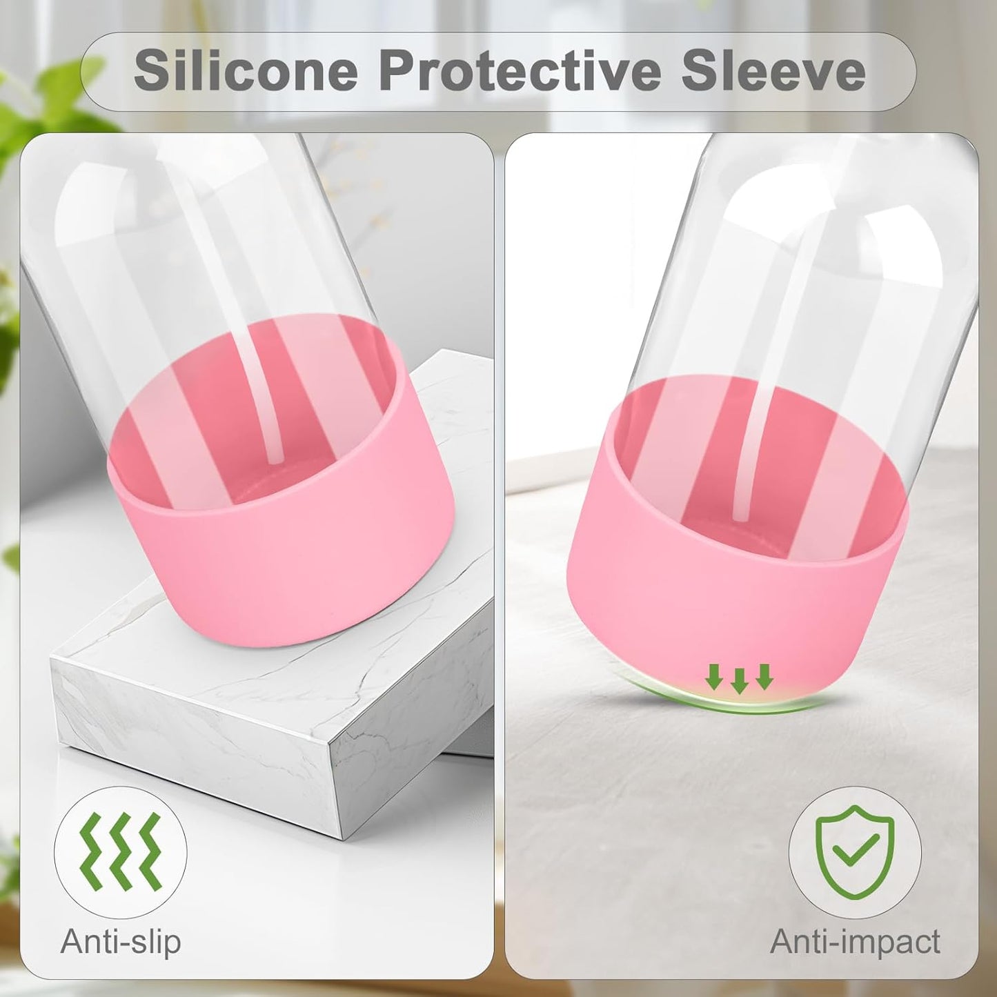 2 Pack Glass Spray Bottles with Silicone Sleeve, 16 oz Empty Refillable Containers with Adjustable Spray Nozzles, Spray Bottles for Hair, Cleaning Solutions and Plants Pink