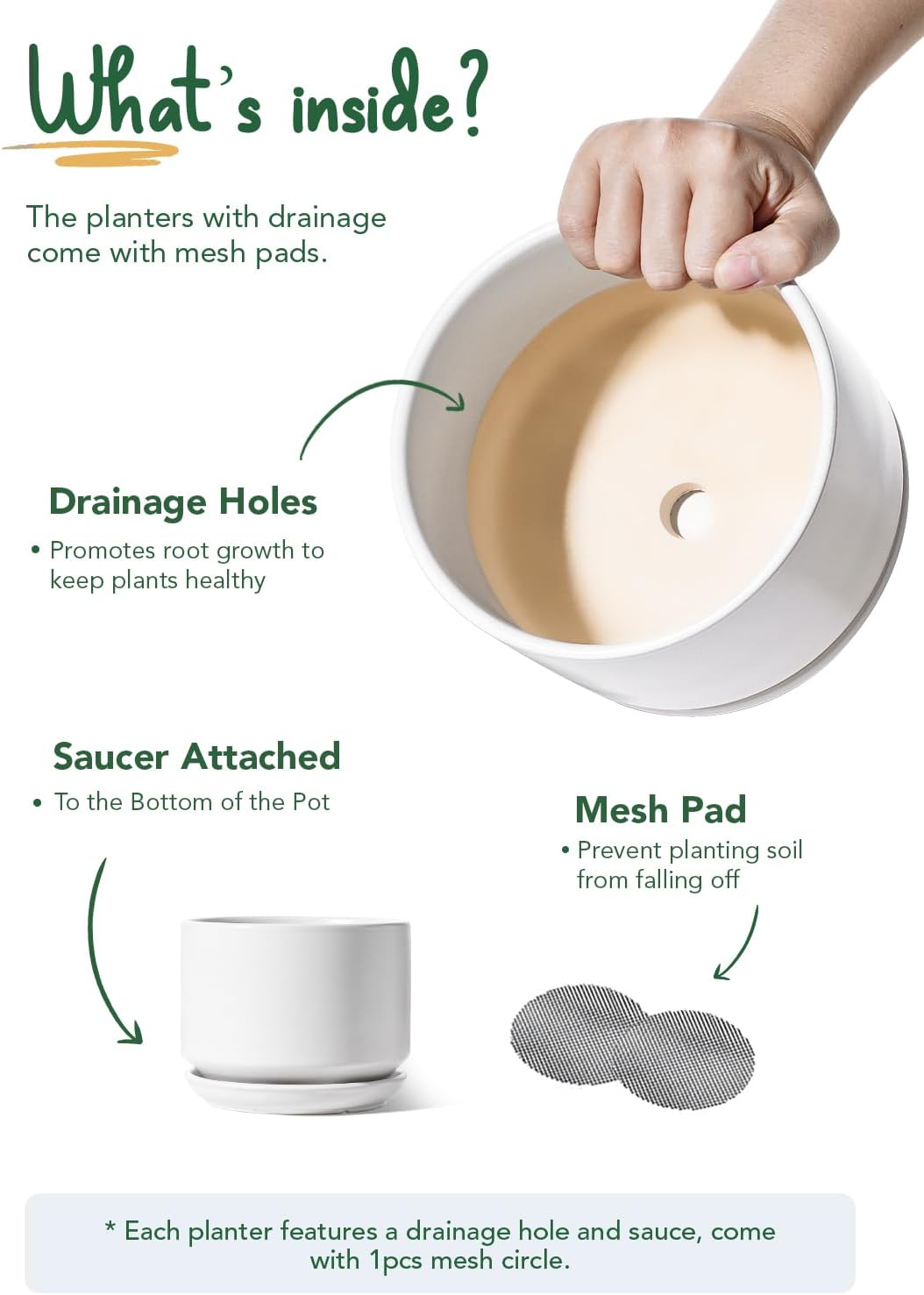 LE TAUCI Ceramic Plant Pots, 4.3+5.3+6.8 inch, Set of 3, Planters with Drainage Hole and Saucer, Indoor Flower Pot with Hole Mesh Pad, Gifts for Mom, White