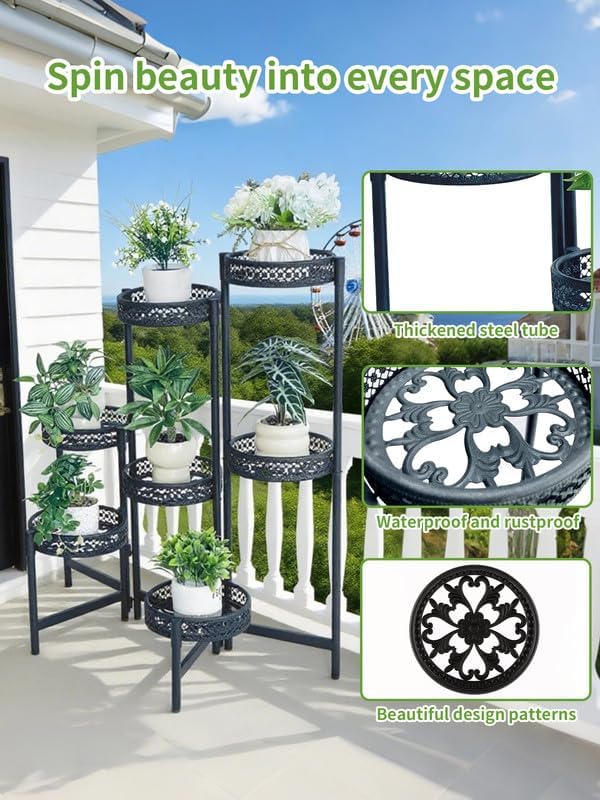7 Tier Large Metal Plant Stand Indoor Outdoor with 7.9 Inch Wide Tray, Tiered Corner Plant Stand, Flower Display Holder Shelf, Folding Tall Rack for Patio Porch Balcony Living Room Garden - BlackWave