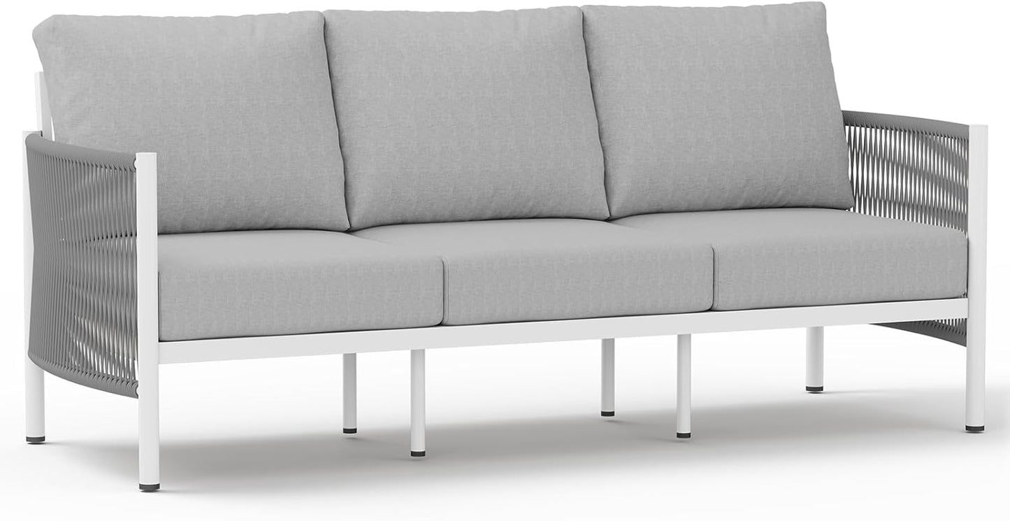 Aluminum Outdoor Patio Couch, 3 Seats HDPE Rope Patio Sofa with Washable Thick Cushion, All-Weather Patio Furniture for Balcony, Yard, White Frame, White