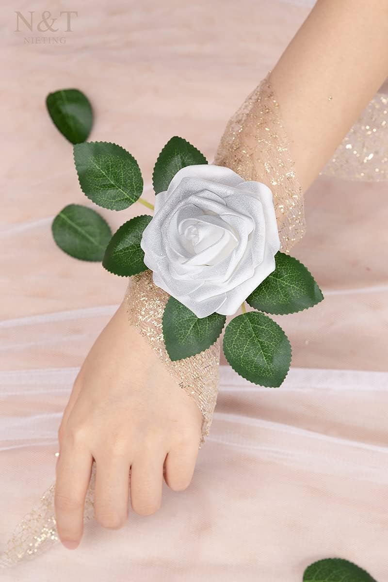 N&T NIETING Artificial Flowers, 25pcs Fake Flowers Roses with Stem for DIY Wedding Bouquets Centerpieces Bridal Shower Party Home Decoration, Silver White