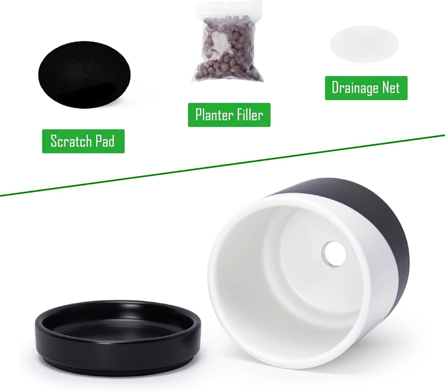 D'vine Dev 4.6 Inch Ceramic Planter Pot with Drainage Hole and Saucer, Indoor Cylinder Round Planter Pot, Oblique Monochrome Black and White, 94-O-B-K