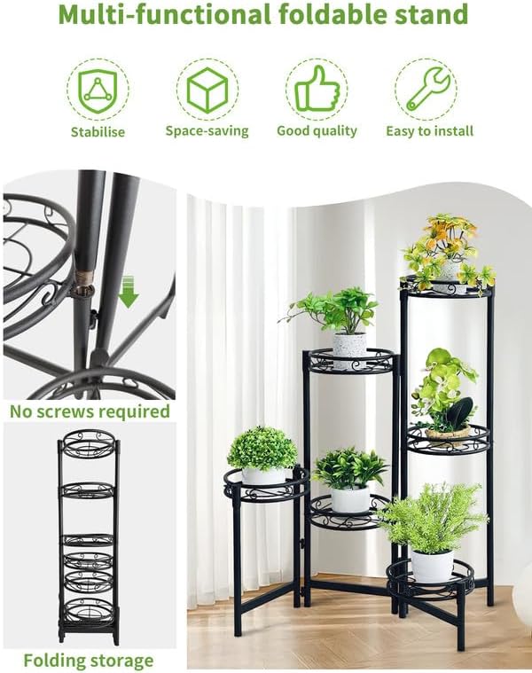 Plant Stand Indoor Outdoor, 6 Tier Metal Flower Shelf for Multiple Plants Corner Tall Floding Flower Holders for Patio Garden Living Room Balcony Bedroom - BlackCircle