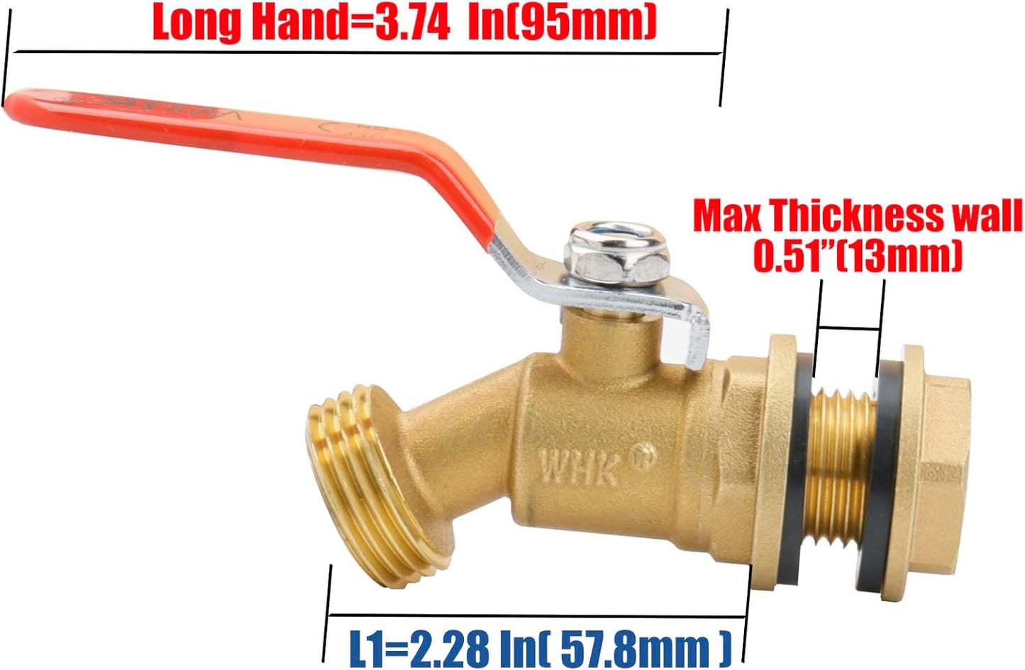 WHK Rain Barrel Spigot Kit-Water Bucket Spigot Faucets-Water Spicket Water Spout Spigot for 5/55 Gallon Bucket for Rain Barrel Water Container WaterTank,1/4 Turn with Long Handle(Brass)