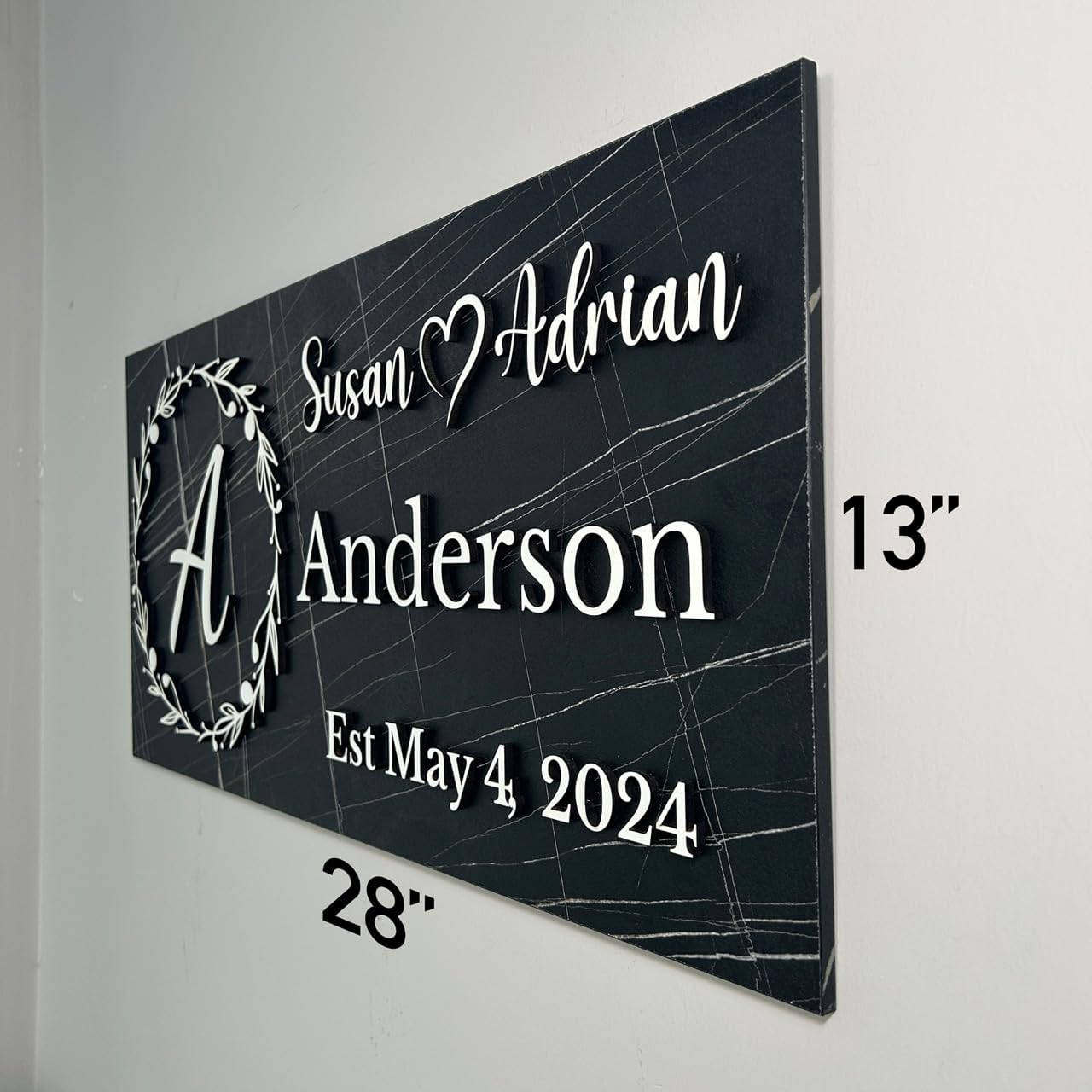 Personalized Black Marble Family Name Sign – Custom Couple Names with Monogram & Established Date – Stylish Wedding, Anniversary, or Housewarming Gift – Dark Wood Wall Decor