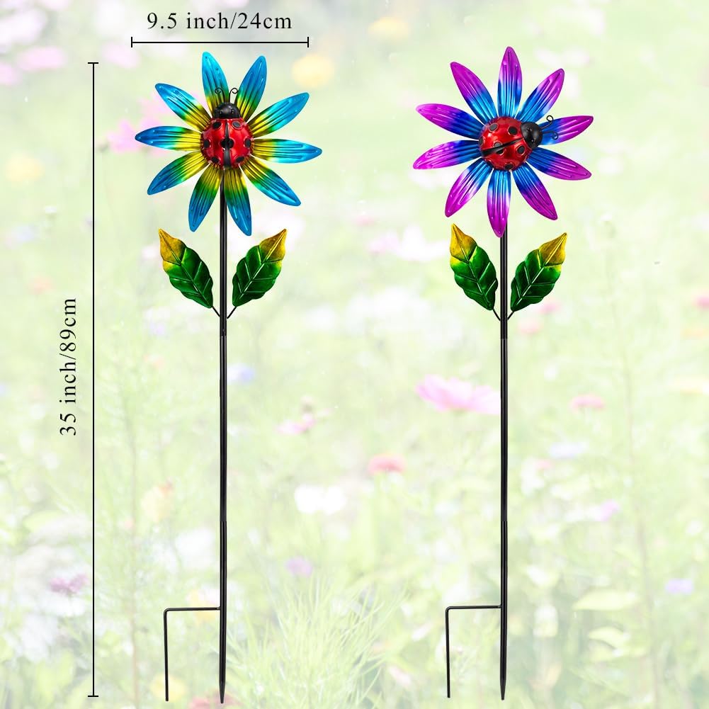 2 Pack Wind Spinner Outdoor,Waterproof Metal Windmill with Ladybug,Pinwheels for Yard and Garden, Flower Wind Sculpture & Spinner for Patio Lawn Decor