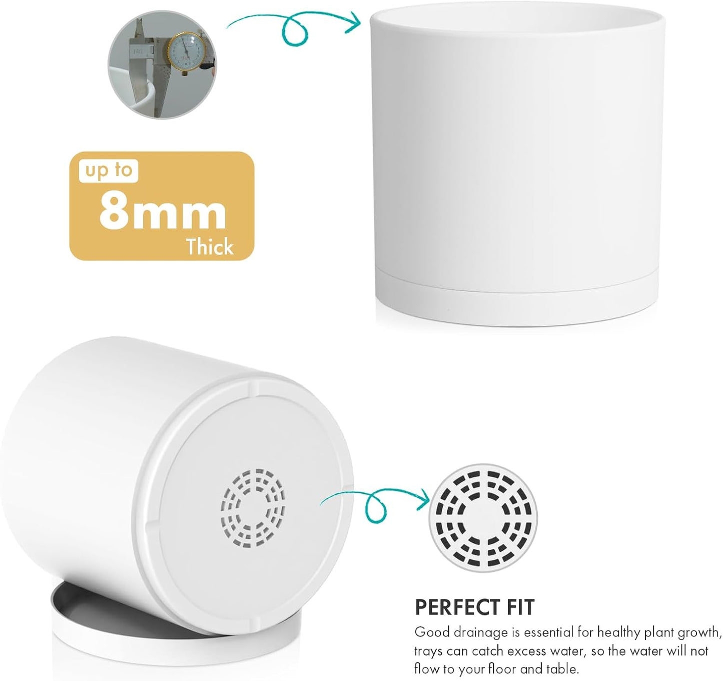 12 Inch Large Deep Flower Pots for Outdoor Indoor Plants, Cylinder Tall Plant Pots with Drainage Holes and Saucer, Big Decorative Plastic Planter Pots for Garden House Plants, White