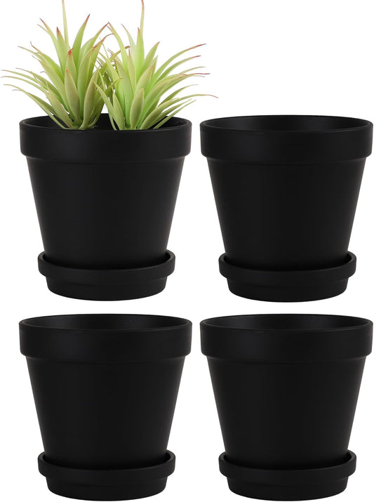Yishang Large Terra Cotta Pots with Saucer-4 Pack Large 6'' Terra Cotta Plant Pot with Drainage Hole, Flower Pot with Tray, Terracotta Pot for Indoor Outdoor Plant(Black)