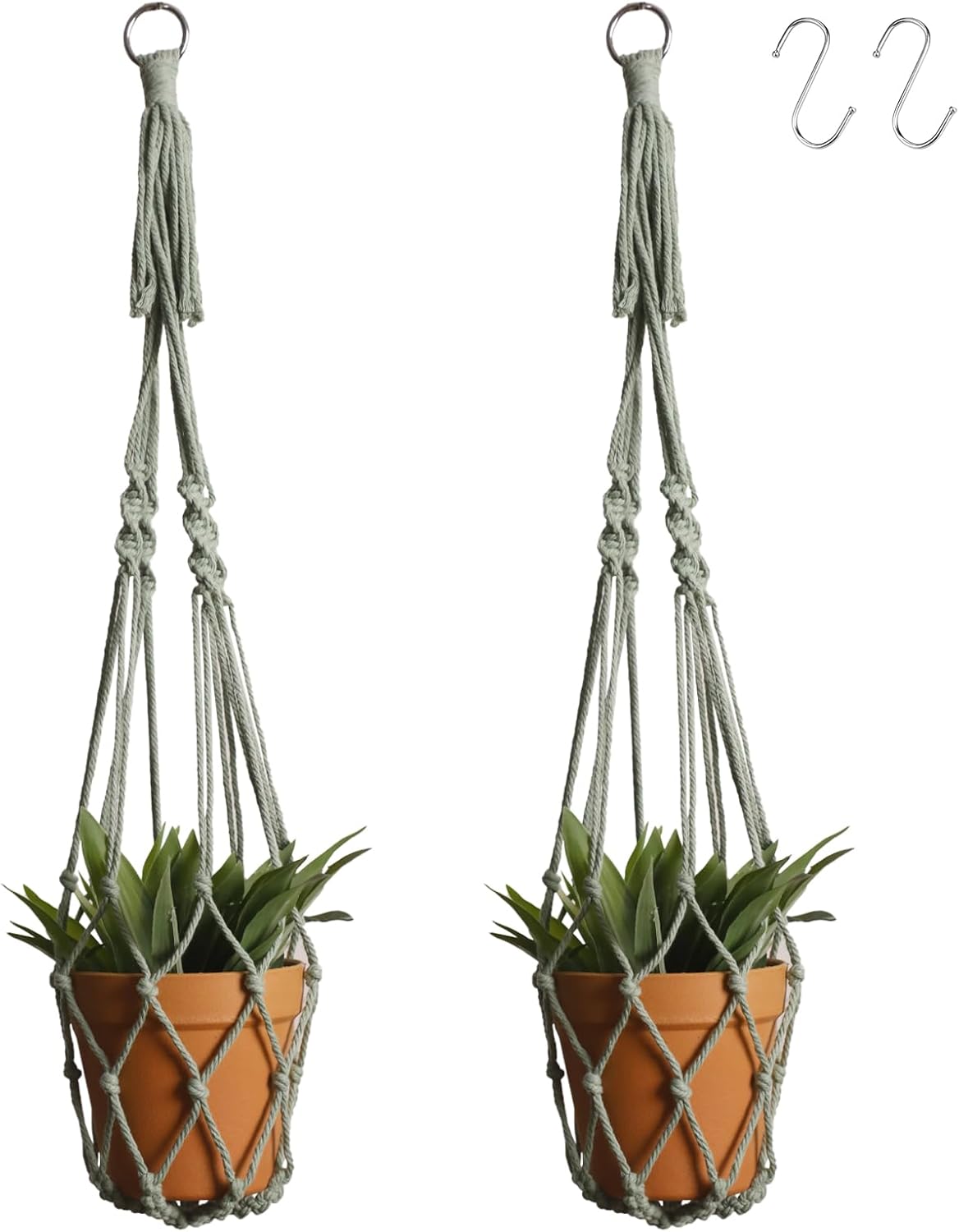 Artilady Macrame Hanging Planter for Indoor Plants, Boho Woven Plant Hanger Large Hanging Flower Pot Holders Outdoor Baskets Storage No Tassels Sage Green Wall Decor