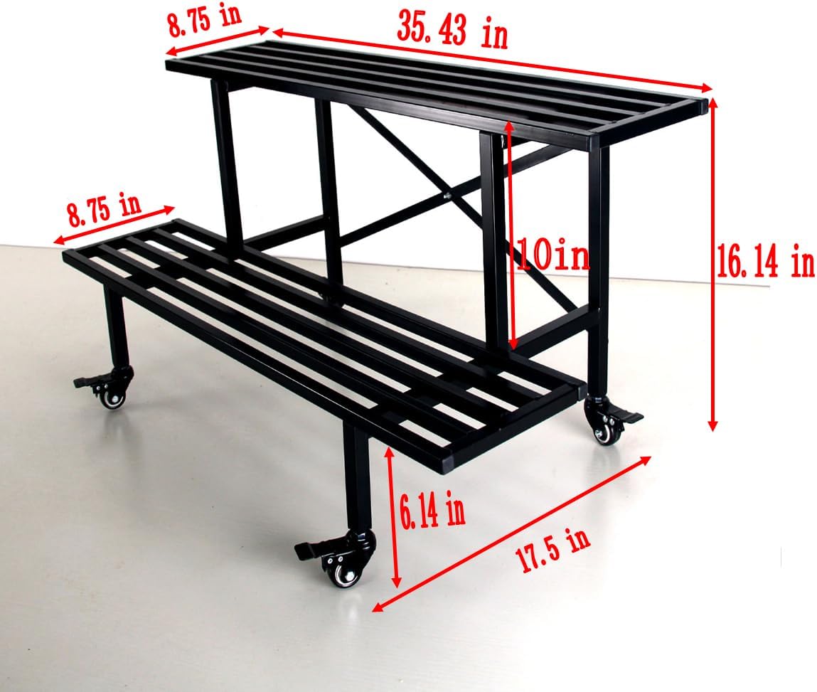 Zhongma 2 Tier Sturdy Metal Plant Stand with Wheels, L35.43 x W17.5 x H16.14 inch, Heavy Duty Plant Holder for Home Indoor and Outdoor,440 LBS Capacity & Heavy Duty Construction