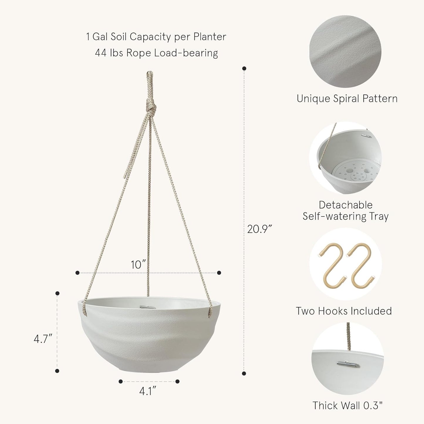 La Jolie Maison 10 Inch Hanging Planters for Indoor Plants, Outdoor Garden Planter Pots with Self-Watering Tray, Oatmeal, Set of 2