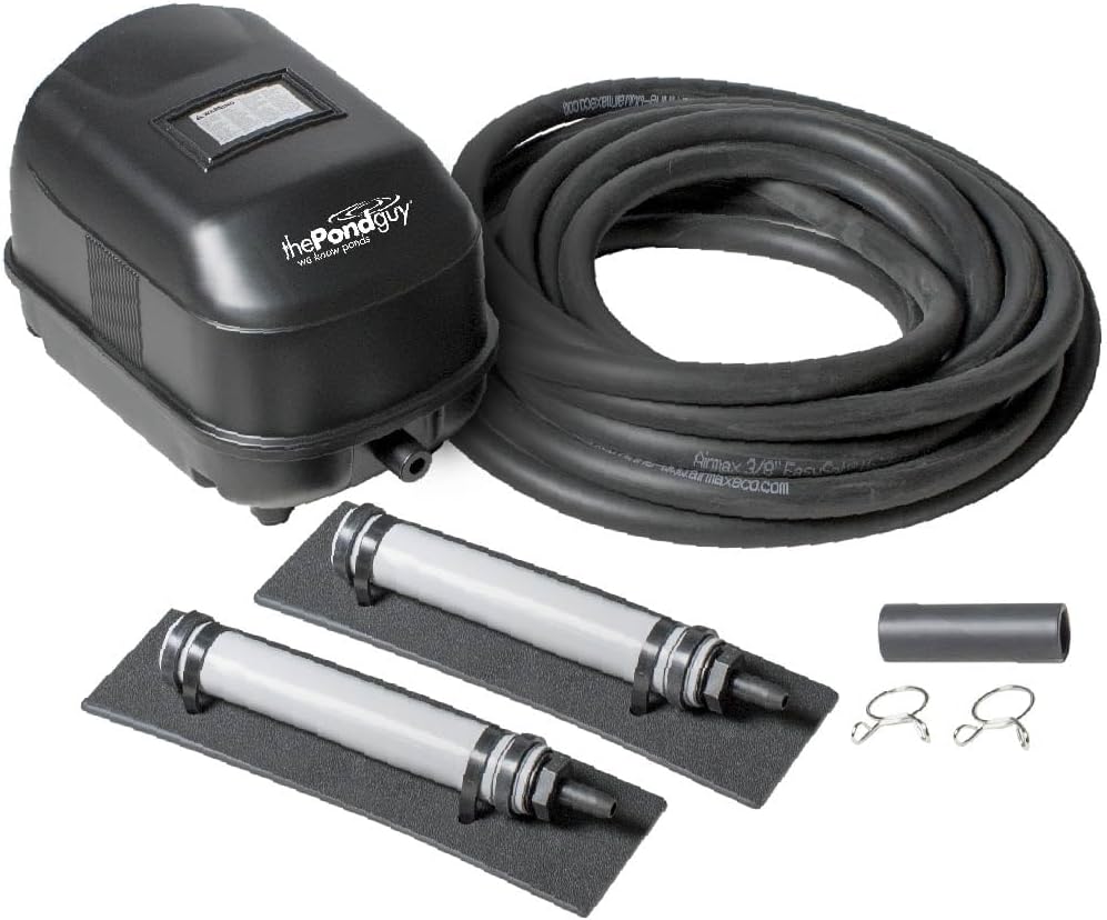 The Pond Guy Pond Aerator 2, Complete Aeration Kit, Water Garden Oxygenation Bubbler System Adds Oxygen to Koi & Fish Ponds, Outdoor Diaphragm Compressor Pump, Air Line & 2 Submersible Diffuser Stick