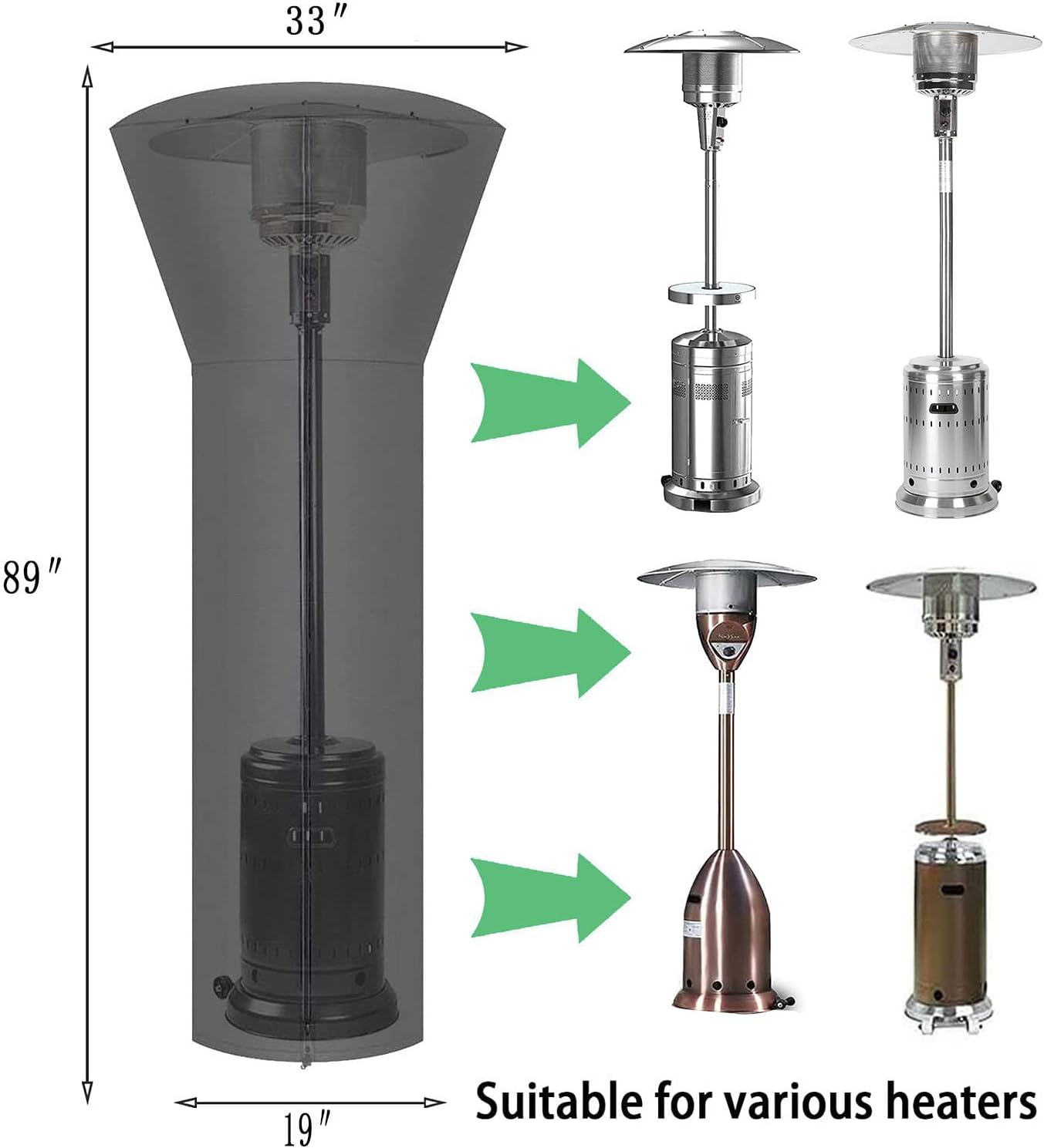 Siruiton Patio Heater Covers with Zipper & Air Vent, Waterproof, Dustproof, Wind & Snow-Resistant, 420D UV-Resistant, Black, 2 Pack (89" Height x 33" Dome x 19" Base)