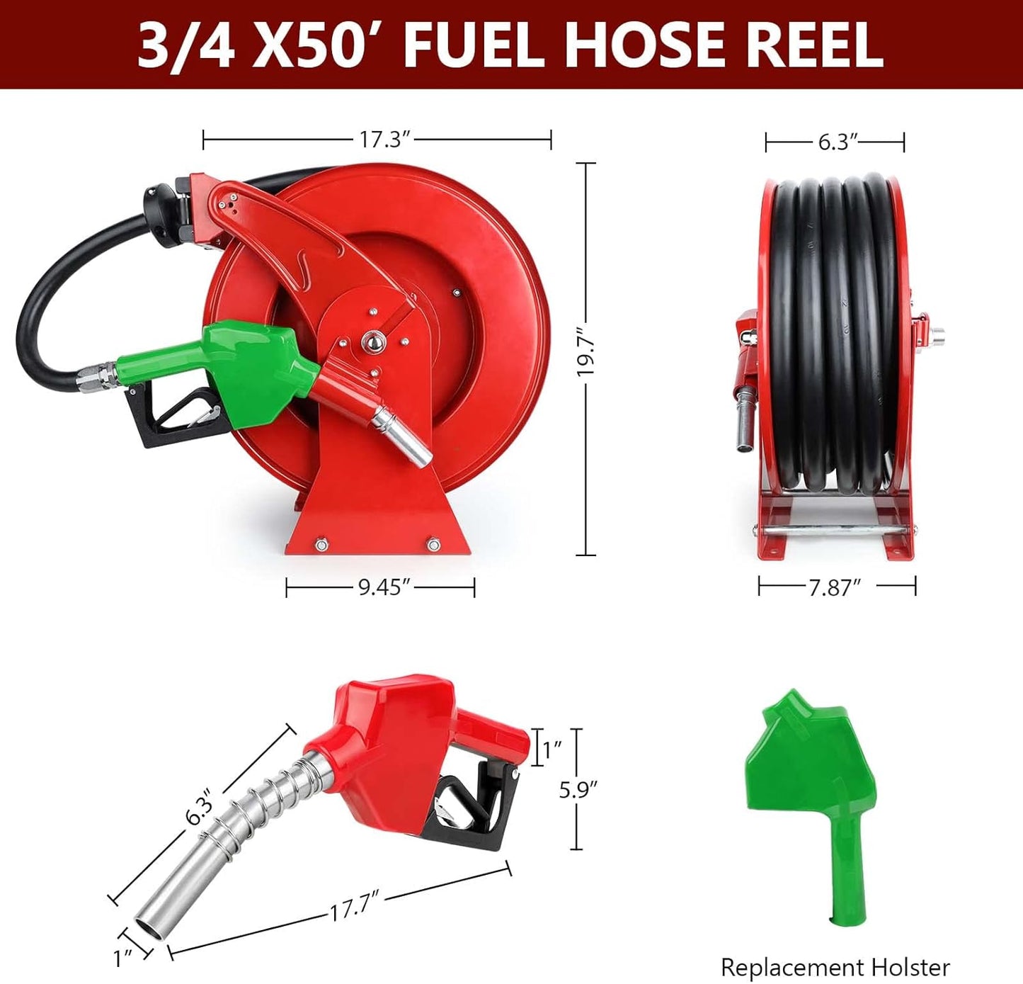 Fuel Hose Reel with Fueling Nozzle, 3/4" x 50FT Retractable Diesel Hose Reel, 300 PSI Industrial Heavy Duty Auto Swivel Rewind Hose Holder Reels, for Vehicle Tank Truck Trailer Ship