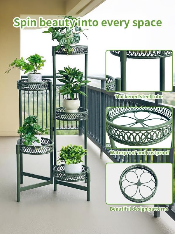 5-Tier Metal Plant Stand Indoor Outdoor, Corner Tall Plant Shelf for Multiple Plants, Foldable Plant Stand, Heavy Duty Flower Stand Holder for House Living Room Balcony Garden Patio -GreenFlower