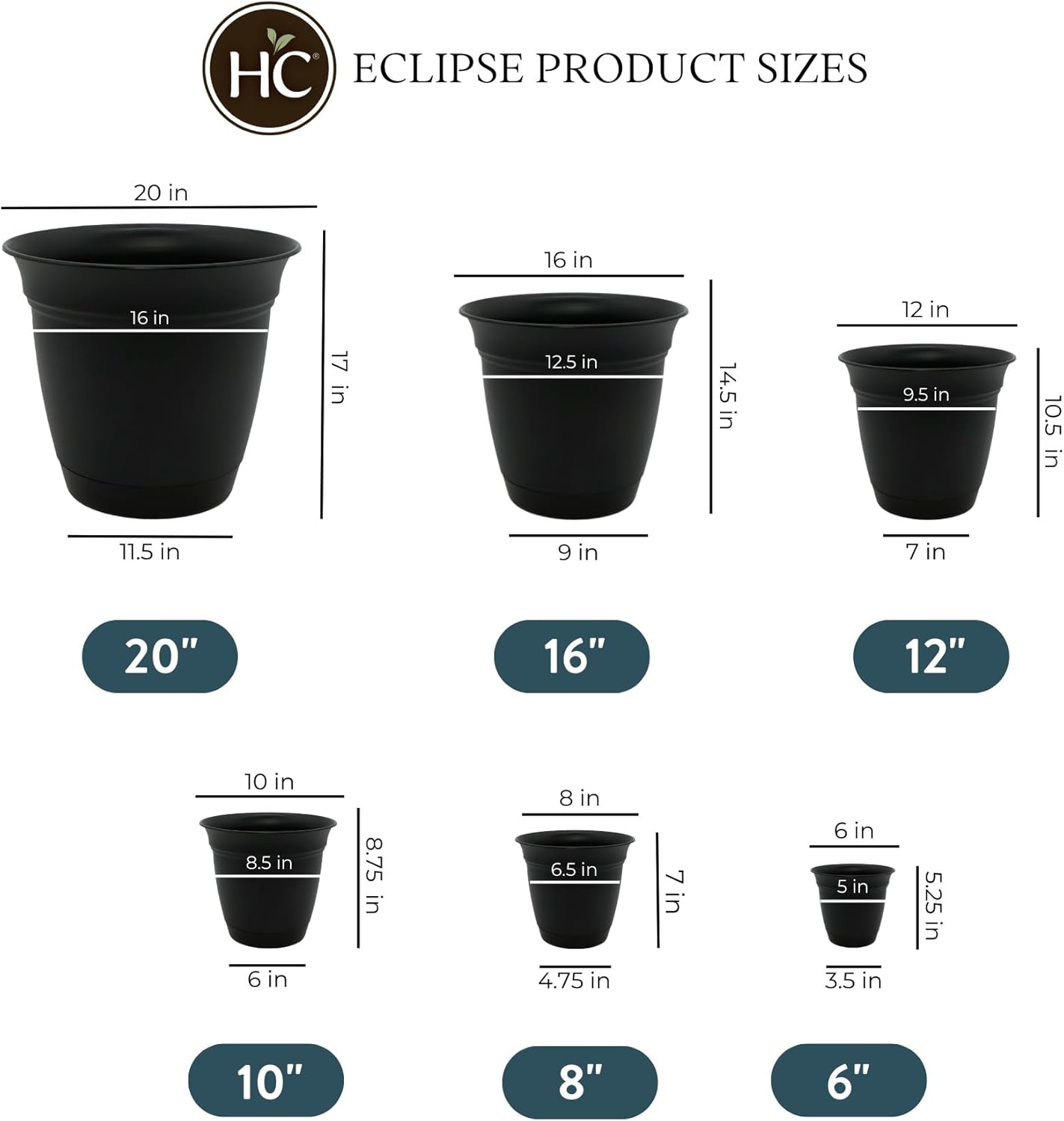 The HC Companies Eclipse Round Planter with Saucer - Outdoor & Indoor Plant Pot with Drainage Holes - Lightweight, UV-Resistant Plastic Pots for Plants, Flowers & Herbs (10" Black, Pack of 1)