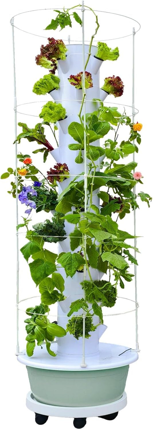 Hydroponic Growing System Kit, Vertical Hydroponic Tower with Trellis, Indoor & Outdoor Herb Garden, Vegetable Tower with 40 Planting Pods, Automatic Timer, Ideal for Gardeners & Beginners