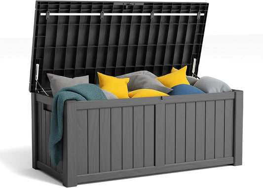 150 Gallon Resin Deck Box, Lockable Patio Outdoor Storage Box for Furniture, Garden Tools and Tools Storage, Waterproof Outside Storage Boxes - Black