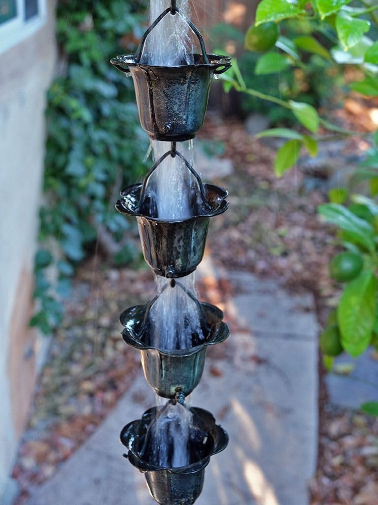 Nutshell Stores Flower Cups Rain Chain - Patina - 16 Feet
