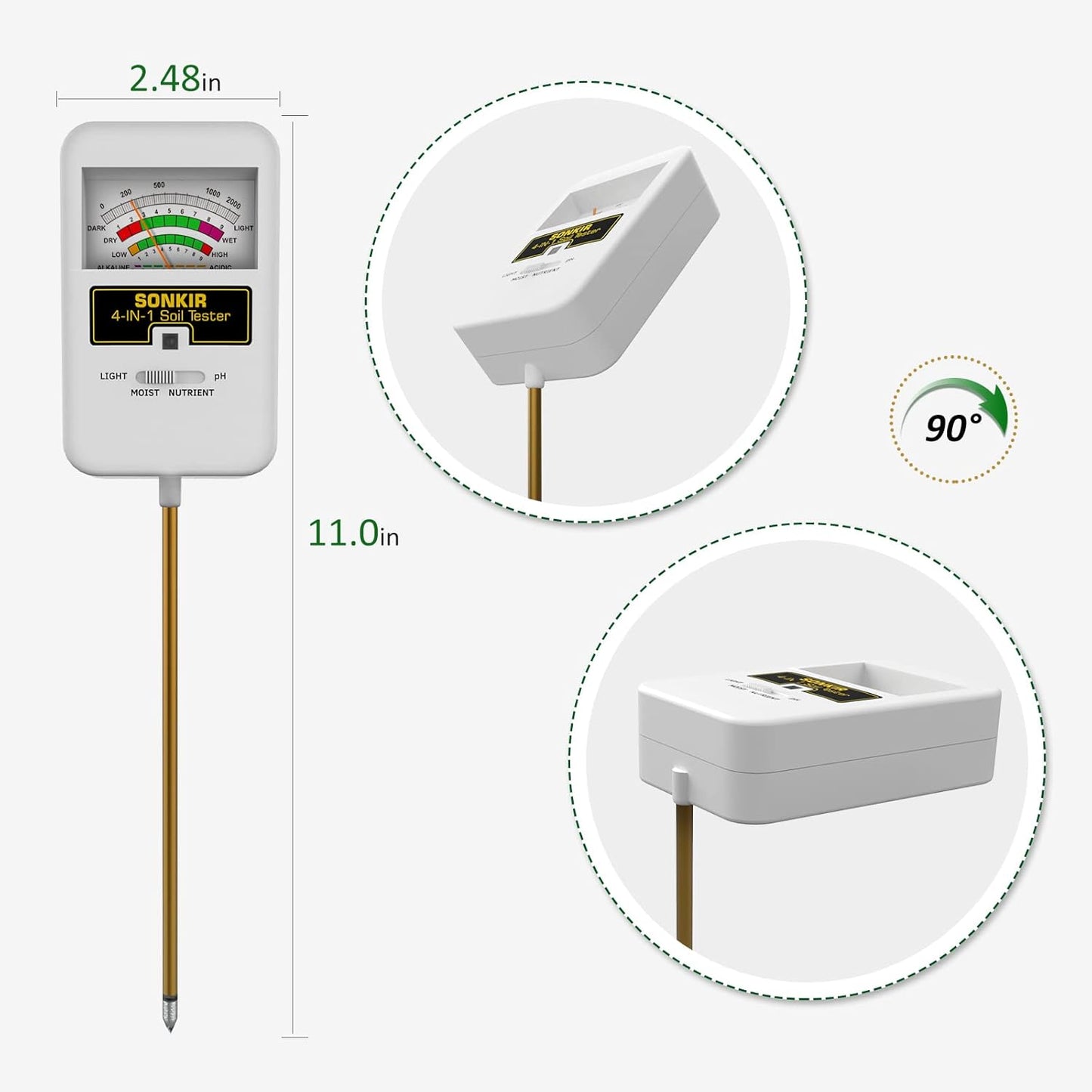 Soil Moisture Meter, 4-in-1 Soil Ph Meter, Soil Tester for Nutrients, Moisture, PH and Light, Soil Ph Test Kits for Plant, Great for Garden, Lawn, Indoor & Outdoor Use (No Battery Required)