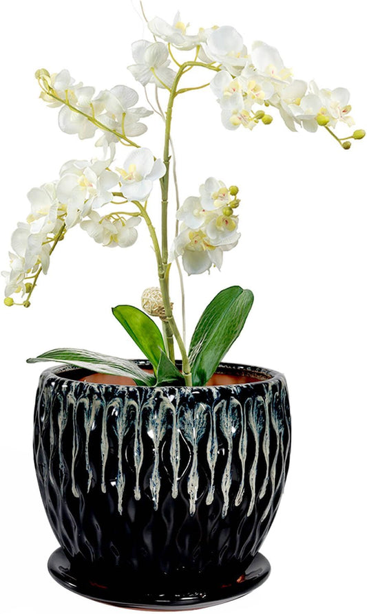 vensovo 7.5 Inch Ceramic Plant Pot with Drainage Holes and Saucer - Large Round Orchid Pot for Indoor Repotting, Ceramic Planter Maintain air Circulation, Black
