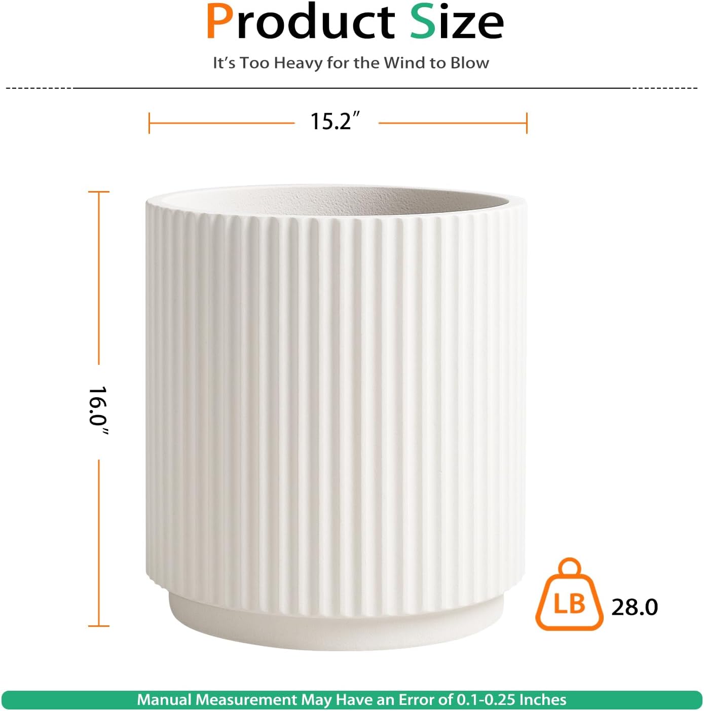 Round Concrete Planter Outdoor Indoor, Large Cement Plant Pots for Flowers (Vertical White, 16 inch)