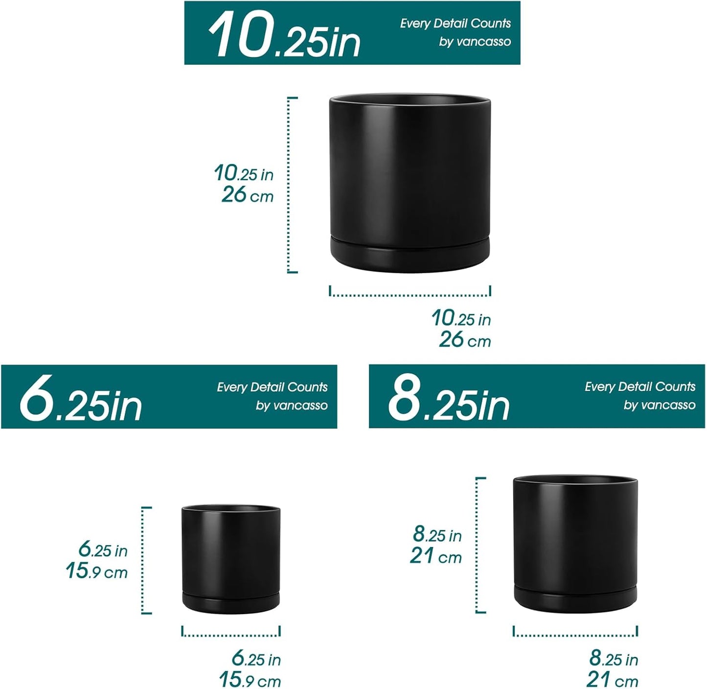 vancasso Ceramic Planters, Plant Pots for Indoor Plants, 6.25+8.25+10.25 Inch Ceramic Pots for Plants, Flower Pots with Drainage Holes (Black, 6.25+8.25+10.25 Inch)