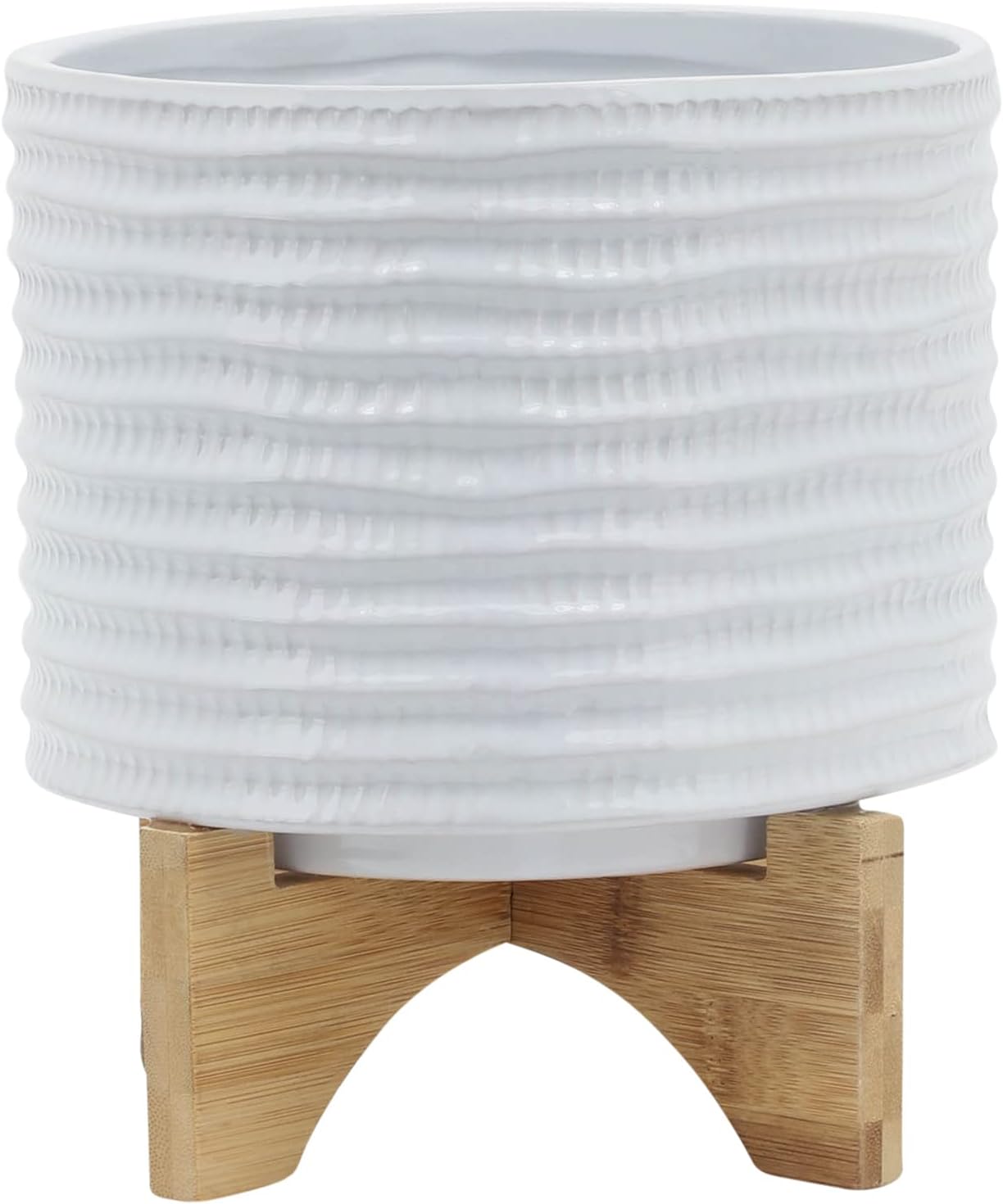 Ceramic Planter with Bamboo Stand – Modern Home Decor Indoor Plant Pot with Textured Stoneware Design – Decorative Planter with Legs for Living Room, Bedroom, Office, Patio, or Garden - 8", White