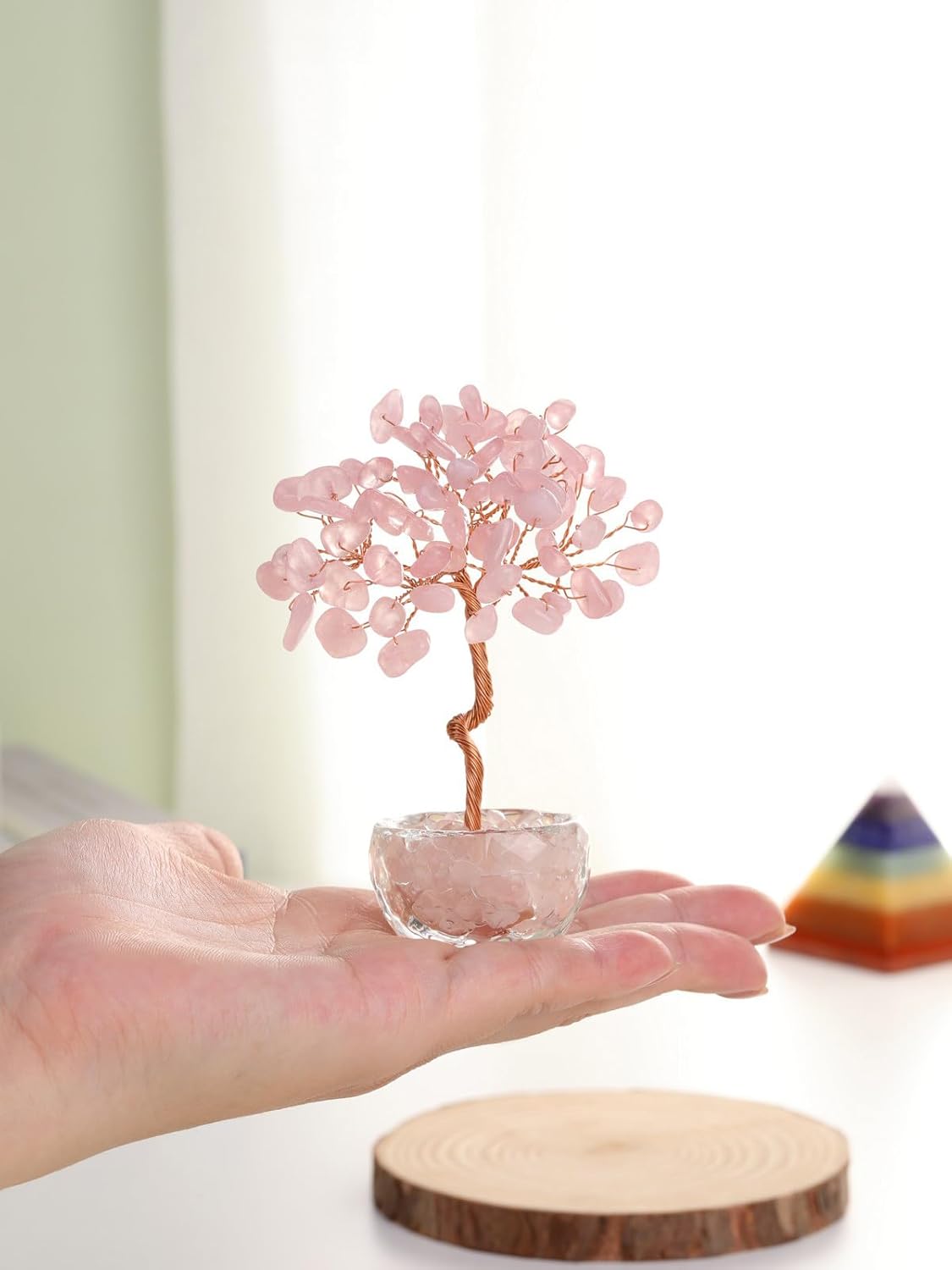 Jovivi Small Rose Quartz Crystal Tree, Natural Crystal Healing Stones Tree Glass Bowl Base Gemstone Money Trees Feng Shui Good Luck Home Desk Decor