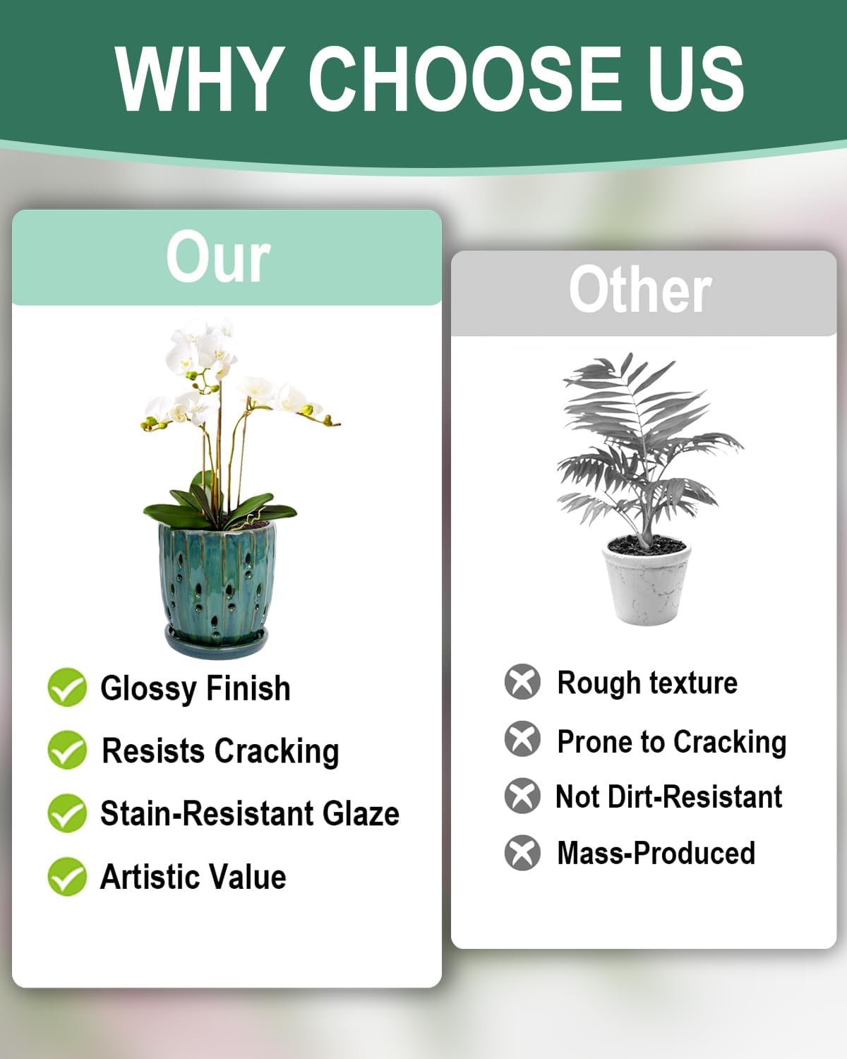 vensovo 6 Inch Ceramic Orchid Pot - Orchid Pot with Holes for Repotting, Ceramic Planter with Saucer for Indoor/Outdoor Plants, Green