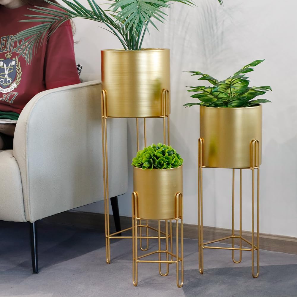 TRIROCKS Set of 3 Large Planters with Stand Gold Planter for Indoor Plants 29 &22 &12" Tall Morden Metal Plant Pots for Living Room Corner Kitchen Office Garden Balcony Patio Decor