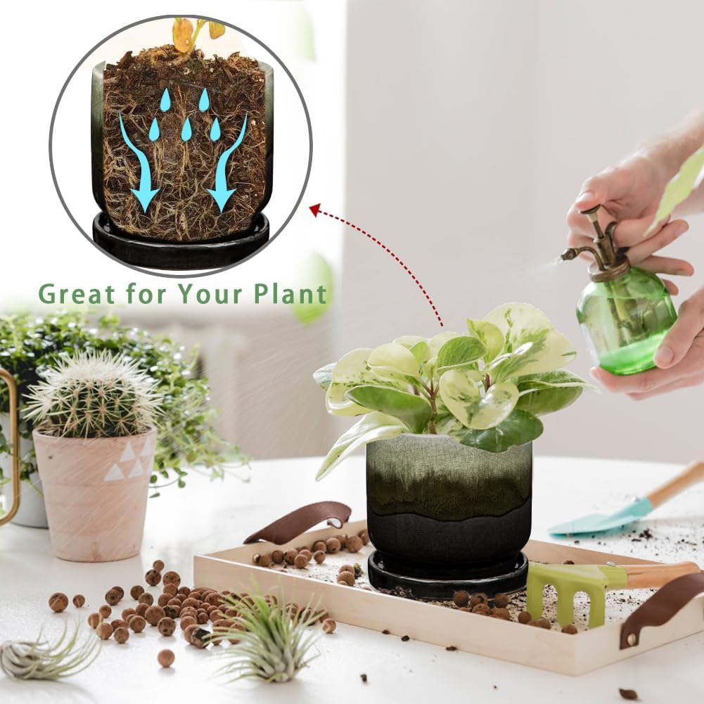 Oairse Ceramic Pot for Plants - 5.5 inch Small Planter with Drainage Hole and Saucers - Gradient Black Outdoor Indoor Flower Pot for Succulent, Cactus, Snake Plant, Herb