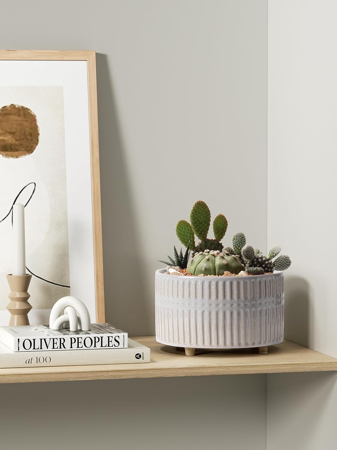 LE TAUCI Succulent Pots, 6.5+8 Inch Ceramic Indoor Plant Pot with Drainage Hole, Shallow Round Succulent Planters, Set of 2, Reactive Glaze Star White