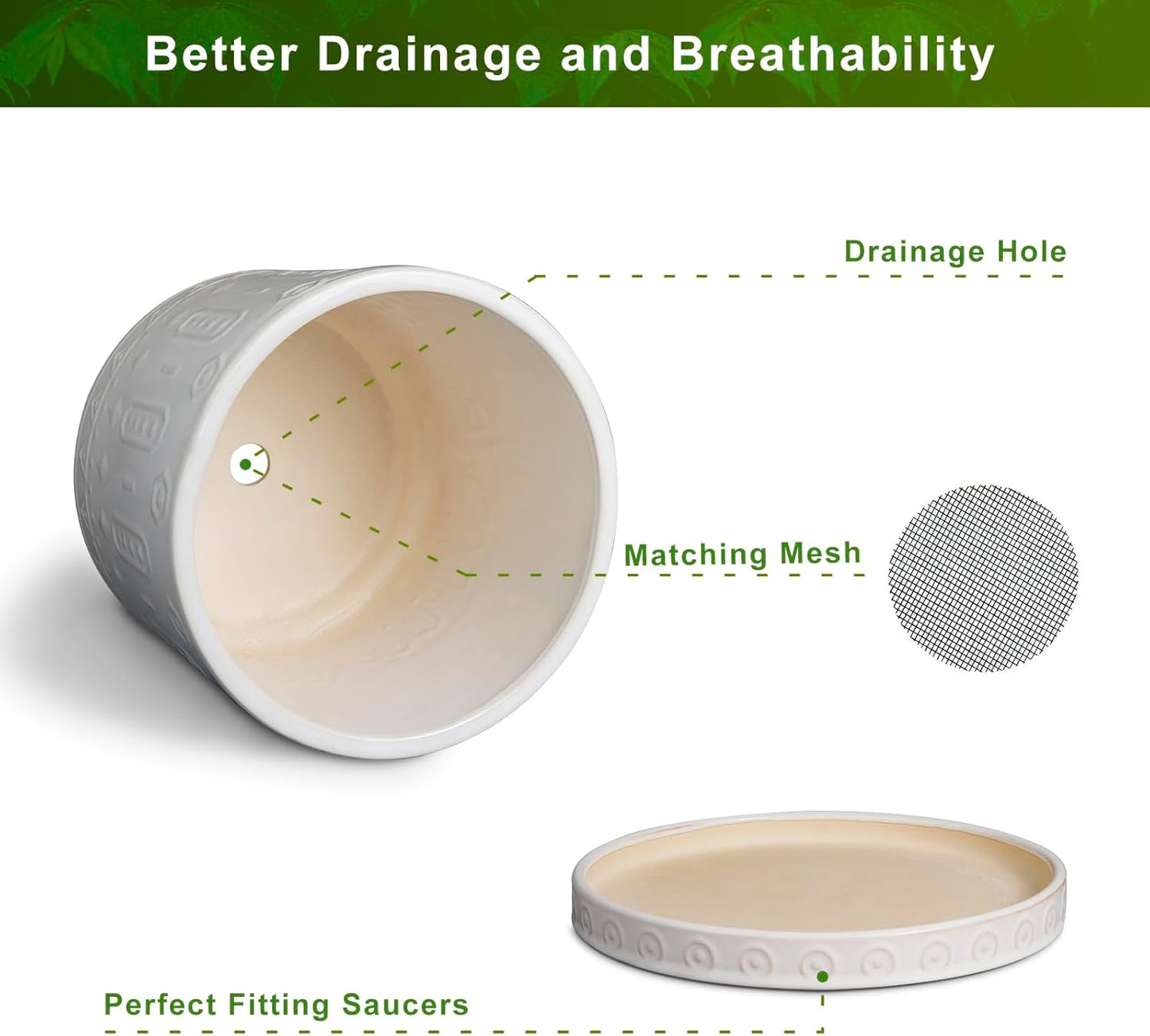 Ceramic Planter Pot - 10 Inch Plant Pot for Indoor Outdoor Plants Round Large Flower Pot with Drainage Holes and Saucer for Home Garden Patio Decor White