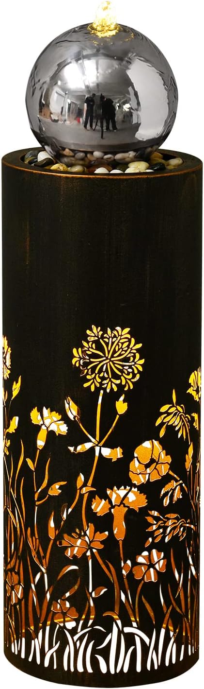 31.5” H Water Fountain Outdoor Garden Waterfall Fountains Indoor Outdoor Fountains and Waterfalls Modern Water Feature with Led Lights 2-Tier for Home Deck Porch Patio Backyard Decor