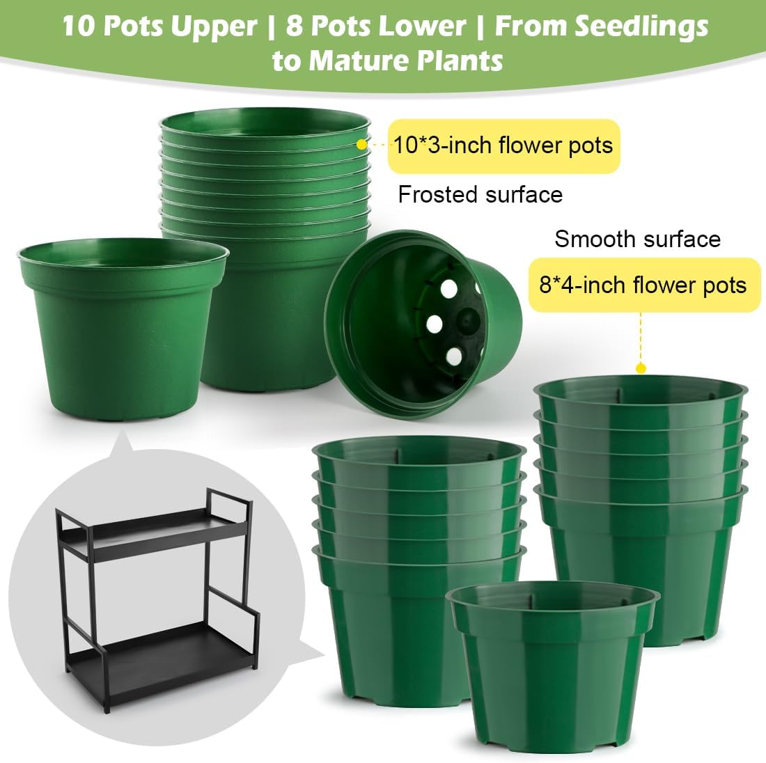 2-Pack Dual Tier Plant Stand with Grow Light and Green Plastic Nursery Pots for Plants, Indoor Gardening Kit for Herbs, Succulents, Seedlings & Small Plants Gardening Gifts