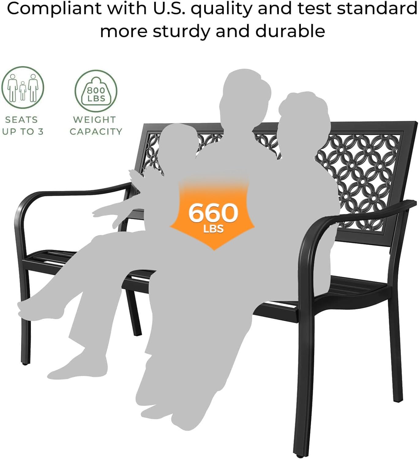 Grand patio 50" Outdoor Bench, Garden Benches with Anti-Rust Metal Powder Coated Frame, Patio Bench for Front Porch Park Outside Furniture Decor, Black