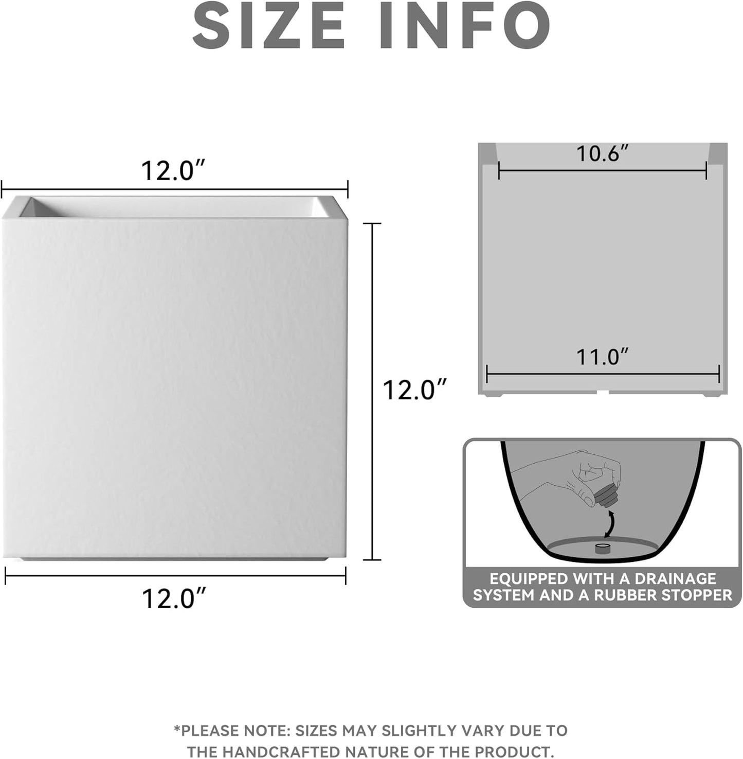 Kante 12 Inch Square Concrete Planter for Outdoor Indoor Home Patio Garden, Large Plant Pot with Drainage Hole and Rubber Plug, Pure White