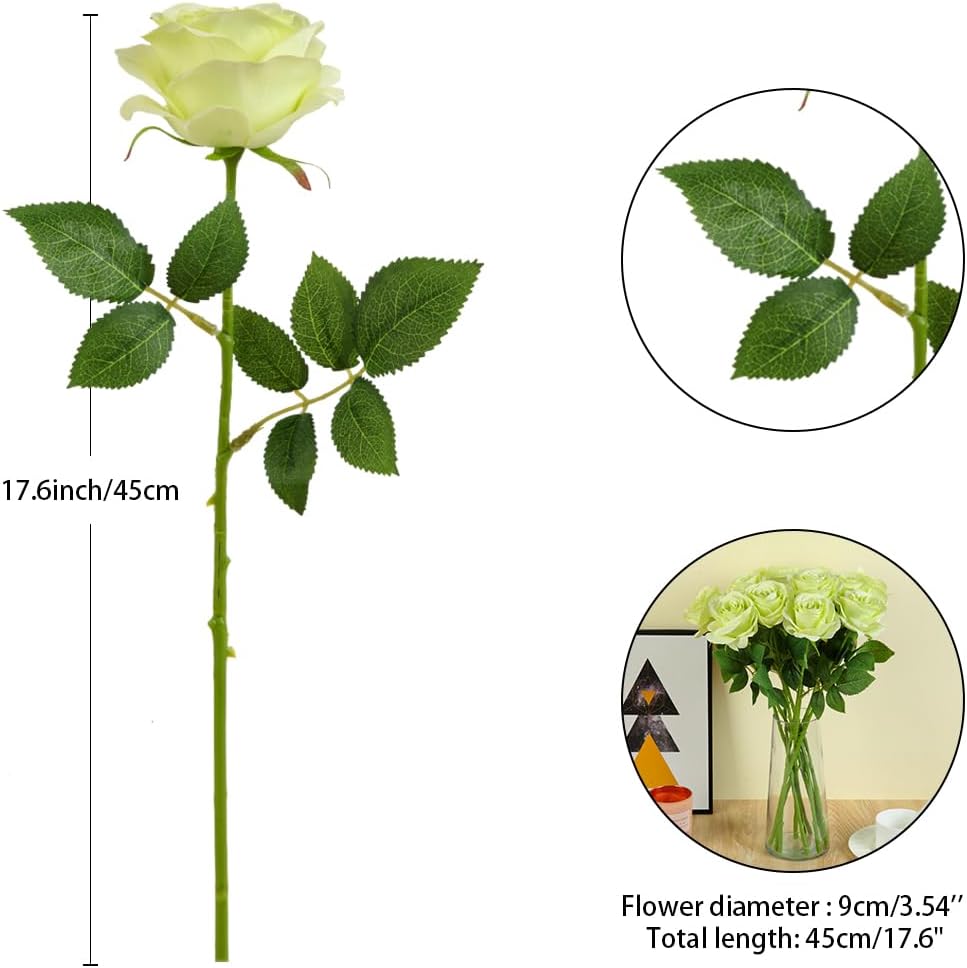 12pcs Light Green Roses Artificial Flowers Fake Roses Silk Flowers Roses with Long Stems for Wedding Home Party Centerpieces Decorations