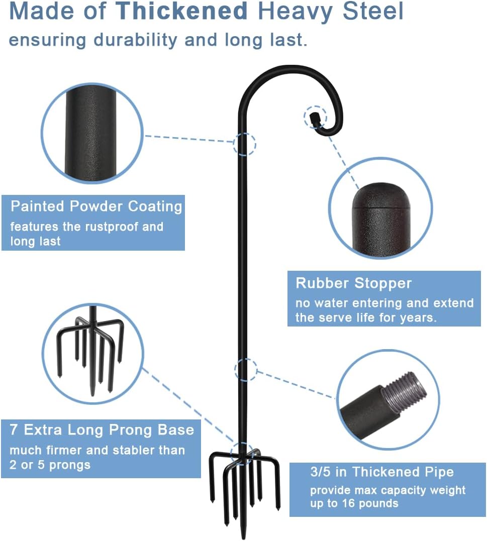 76 inch Outdoor Shepherd Hook with 5 Prong Base (2 Packs), Adjustable Heavy Duty Garden Hanging Stake for Bird Feeder Solar Light Plant Hanger Wedding Decor, Matte Black