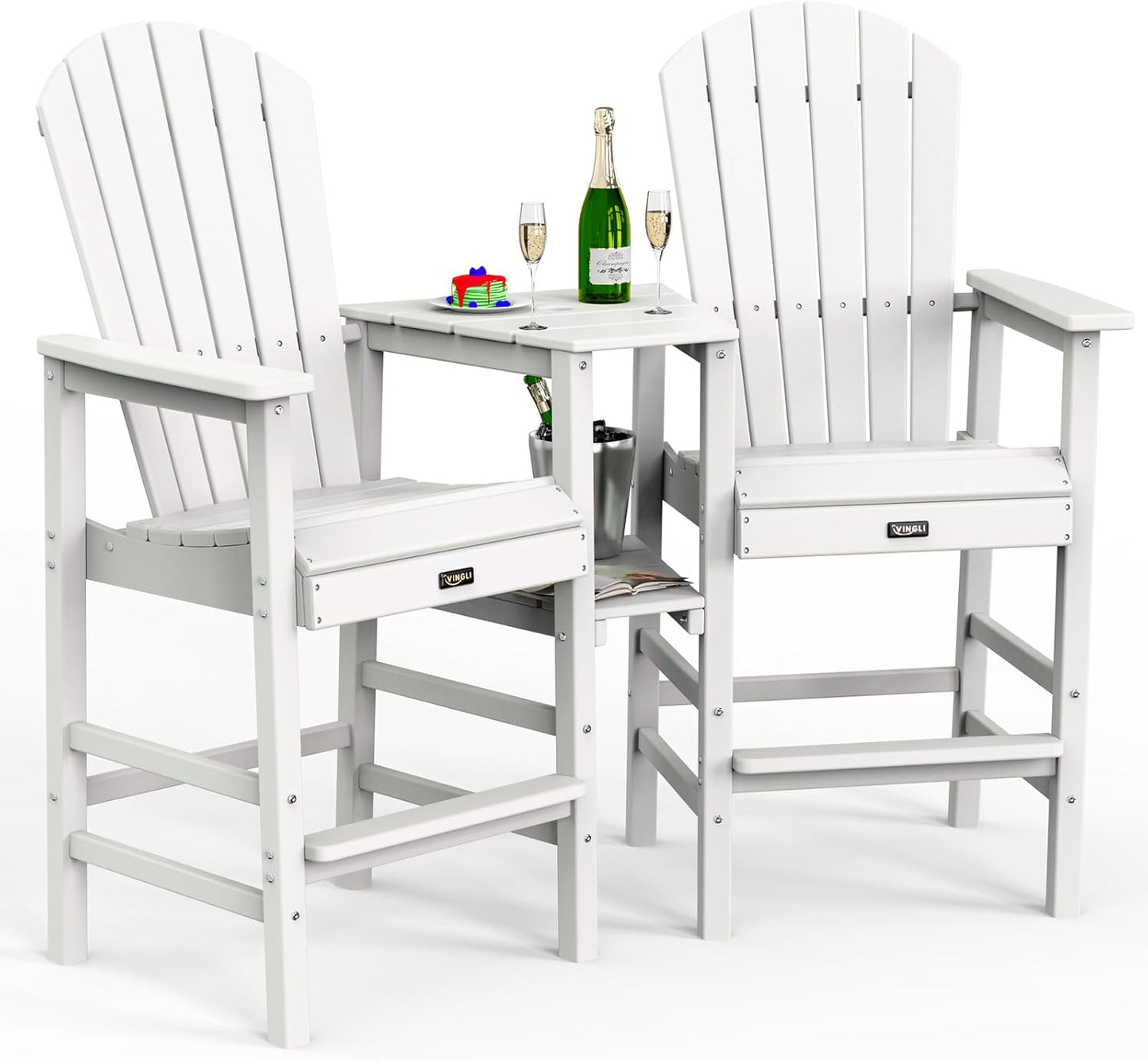 VINGLI Tall Adirondack Chairs Set of 2, HDPE Balcony Chair with Double Connecting Tray Weather Resistant Outdoor Bar Stools for Patio Deck Lawn Pool Backyard (White)