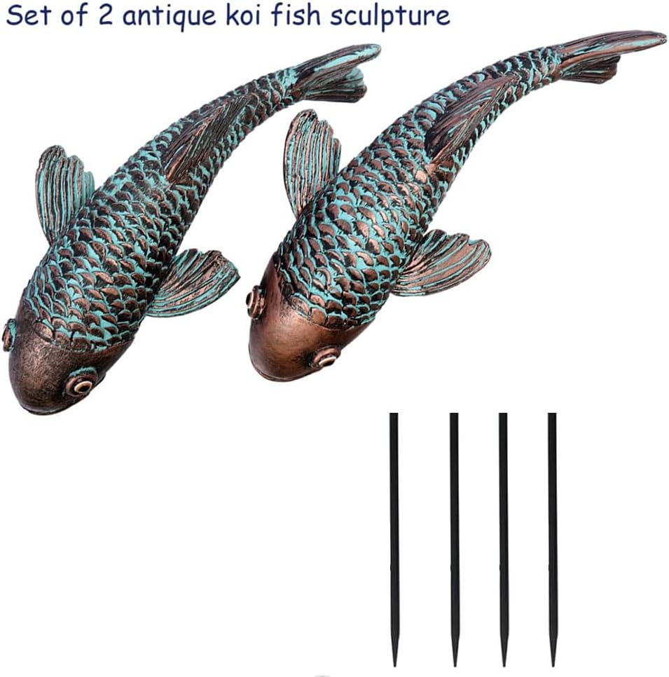 Garden Sculptures & Statues,Koi Fish Decor,Garden Fish Art,Set of 2 Antique Koi Fish Yard Art Decor for Outdoors,Patio,Yard,Lawn,Pond,Home Decoration (Bronz)