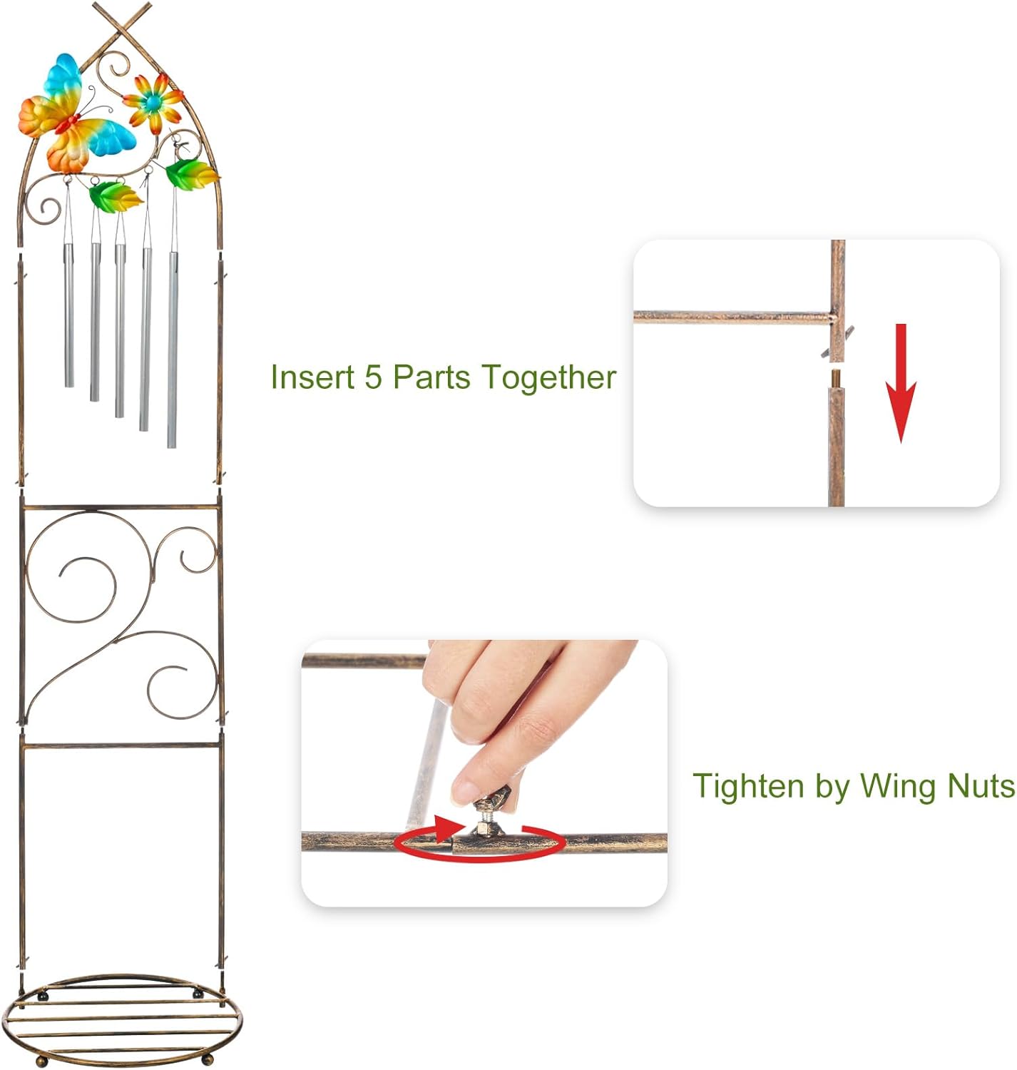 Plant Stands with Garden Trellis, 48” Metal Standing Wind Chimes Plant Pot Trellis with Butterfly for Garden Patio Backyard Climbing Plants Outdoor Decor