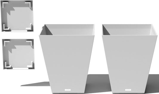 Veradek Nobleton Indoor/Outdoor Wide Square Planter (White, 22 inch - 2 Pack with 2 Saucer Trays)