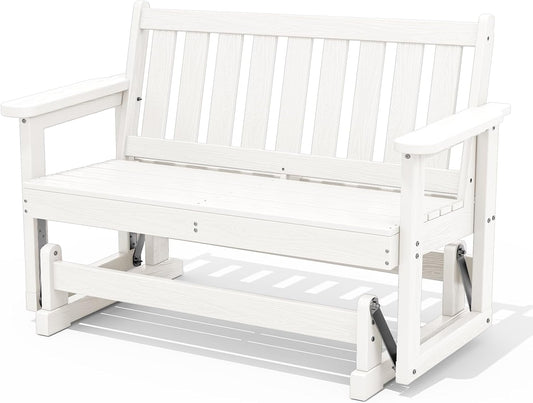 SERWALL 2 Person Patio Glider Rocking Chair, HDPE Material Weather-Resistant Swinging Bench for Outdoor Porch Garden, White